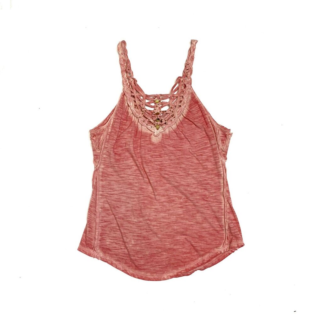 Free People Coral Tie Dye Tank Top Jeweled Bead Braided Keyhole Boho Cami Sz XS